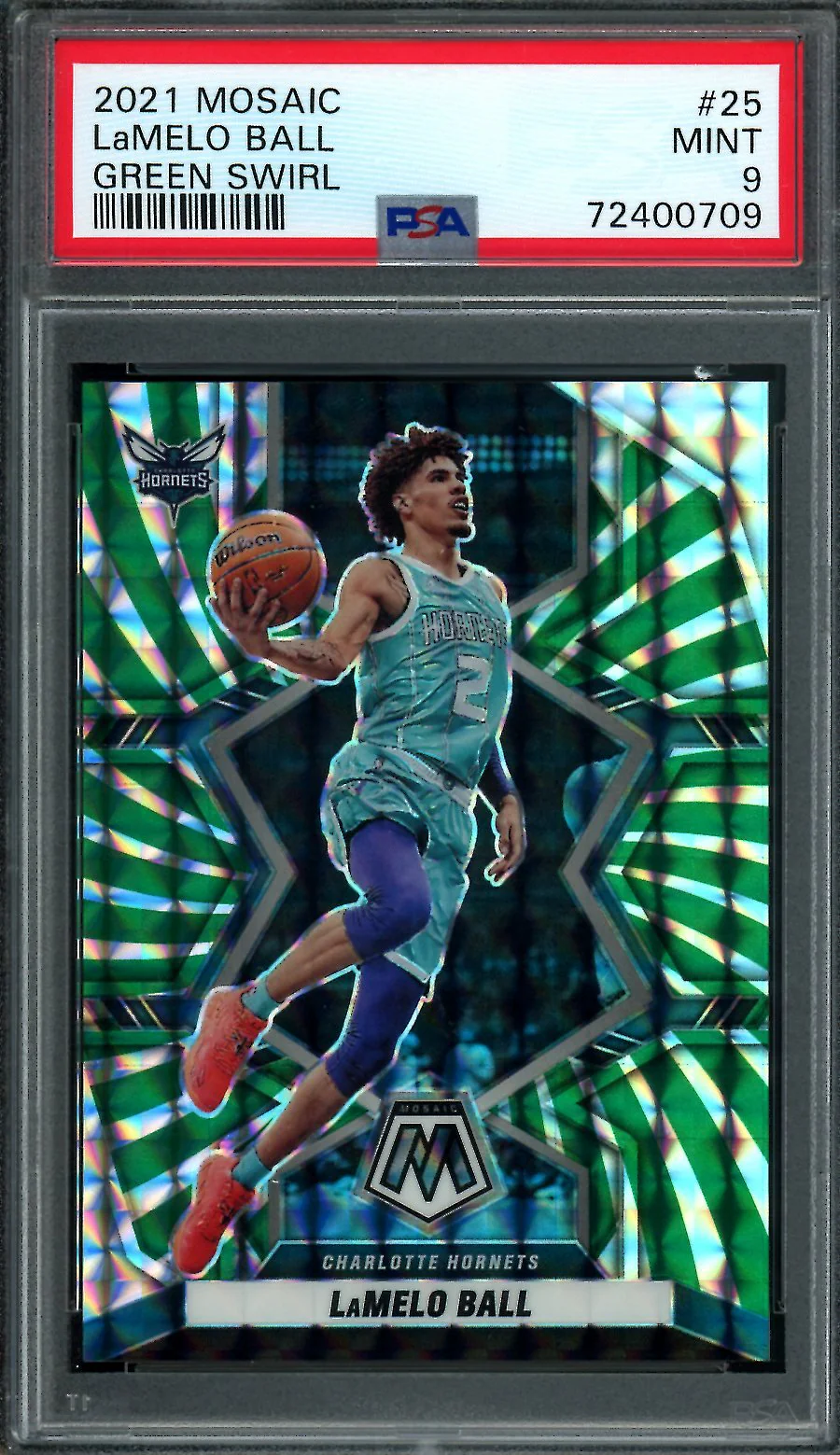 2021/22 Panini Mosaic LaMelo Ball Green Swirl /10 Hornets PSA 9