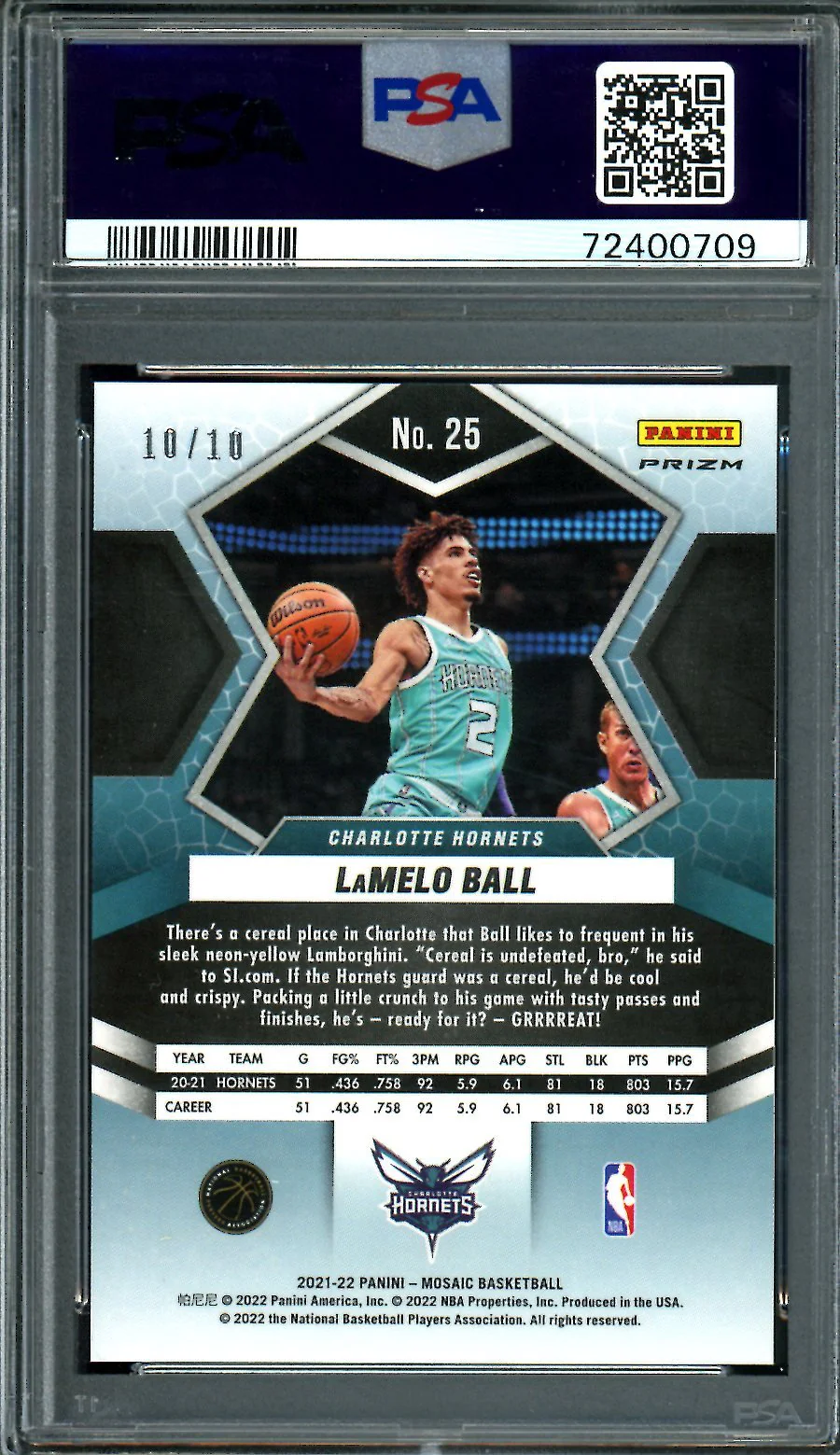 2021/22 Panini Mosaic LaMelo Ball Green Swirl /10 Hornets PSA 9 - Image 2
