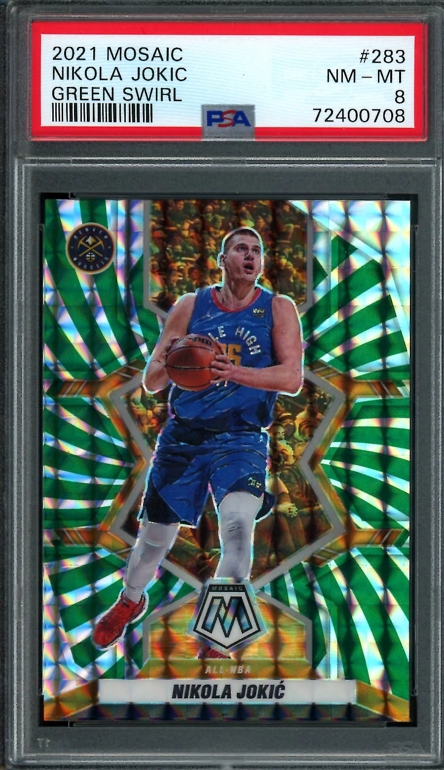 2021/22 Panini Mosaic Nikola Jokic Green Swirl /10 Nuggets PSA 8