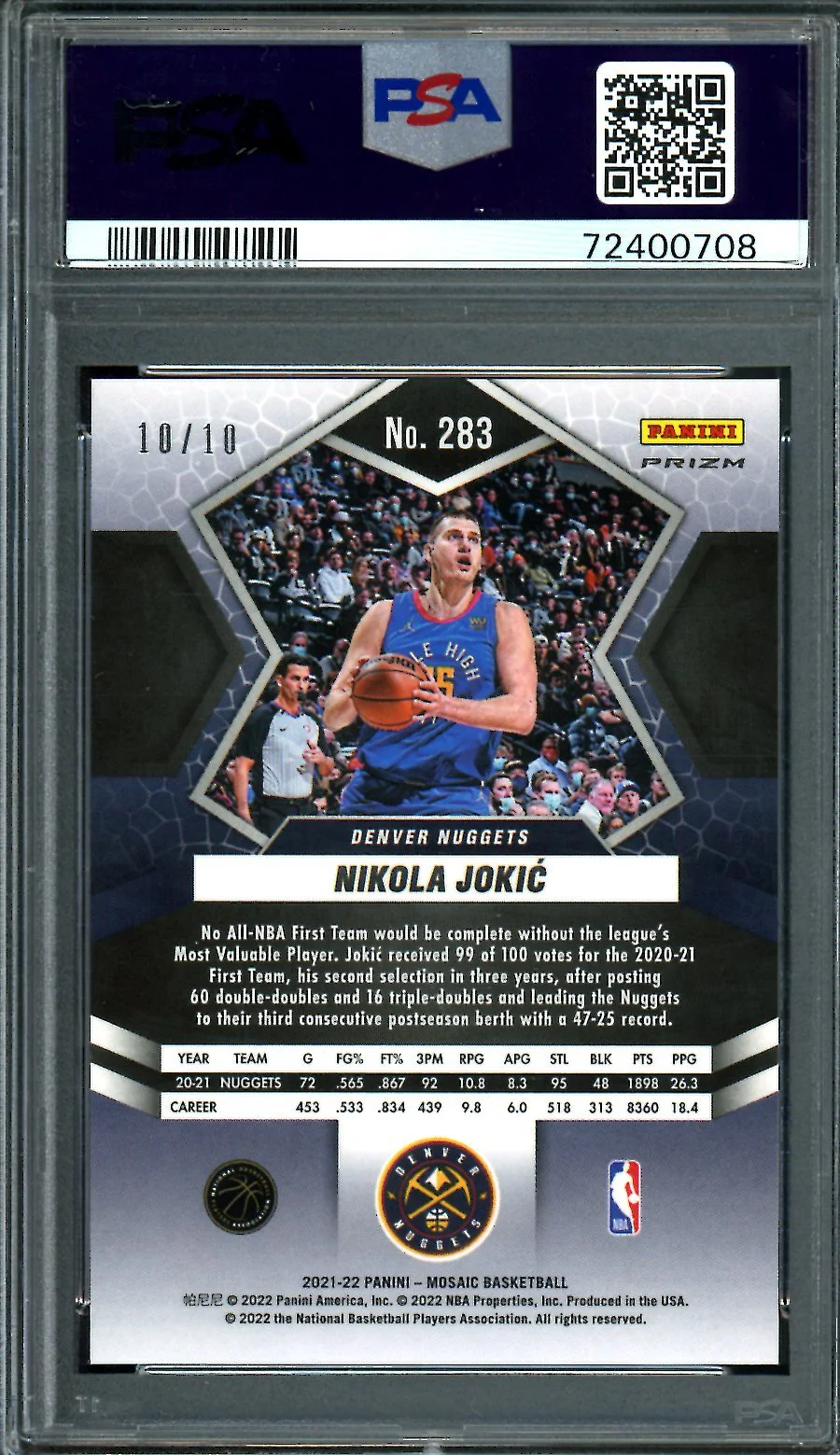 2021/22 Panini Mosaic Nikola Jokic Green Swirl /10 Nuggets PSA 8 - Image 2