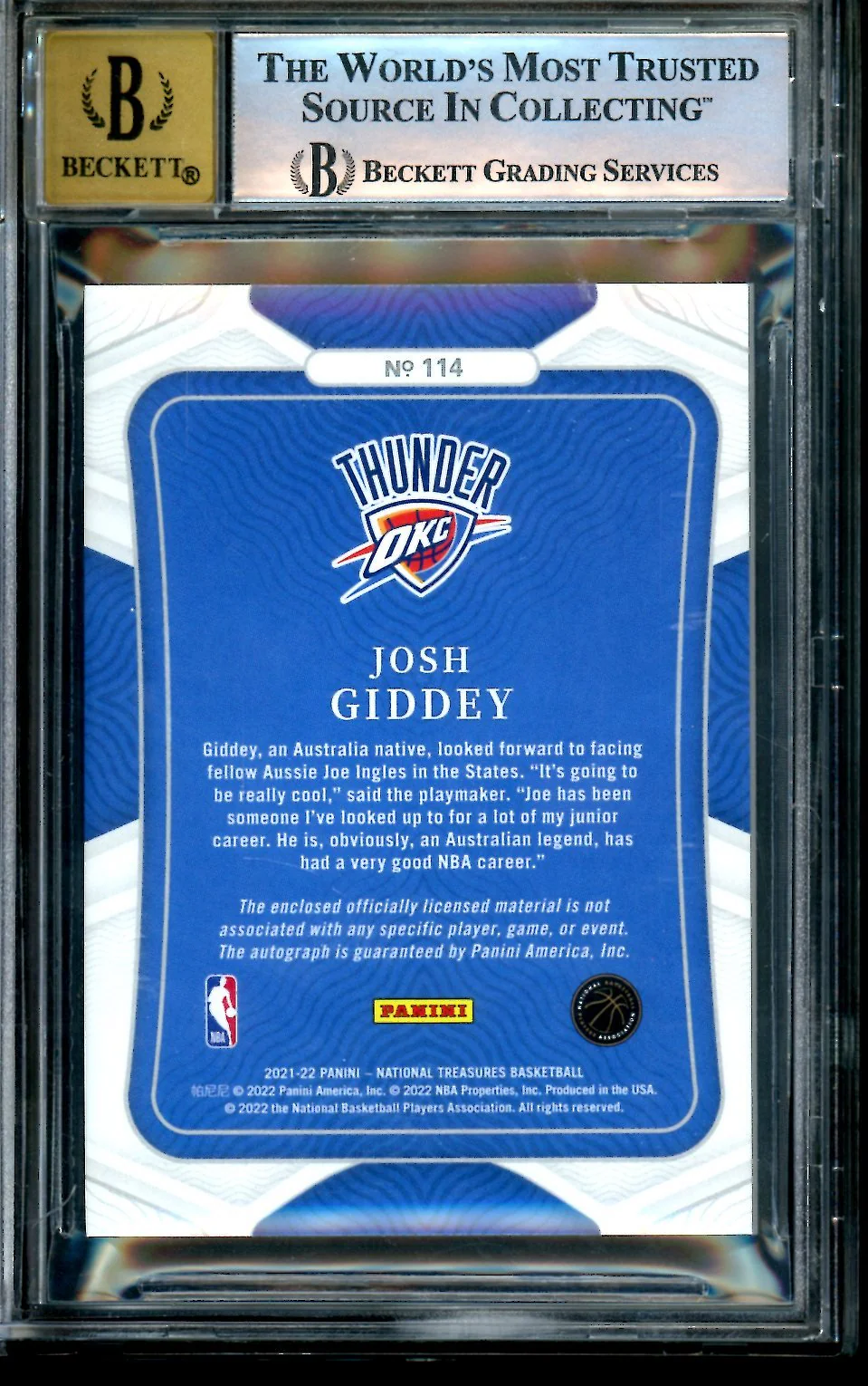 2021-22 Panini National Treasures Josh Giddey Rookie RPA /75 BGS 9 Thunder - Image 2