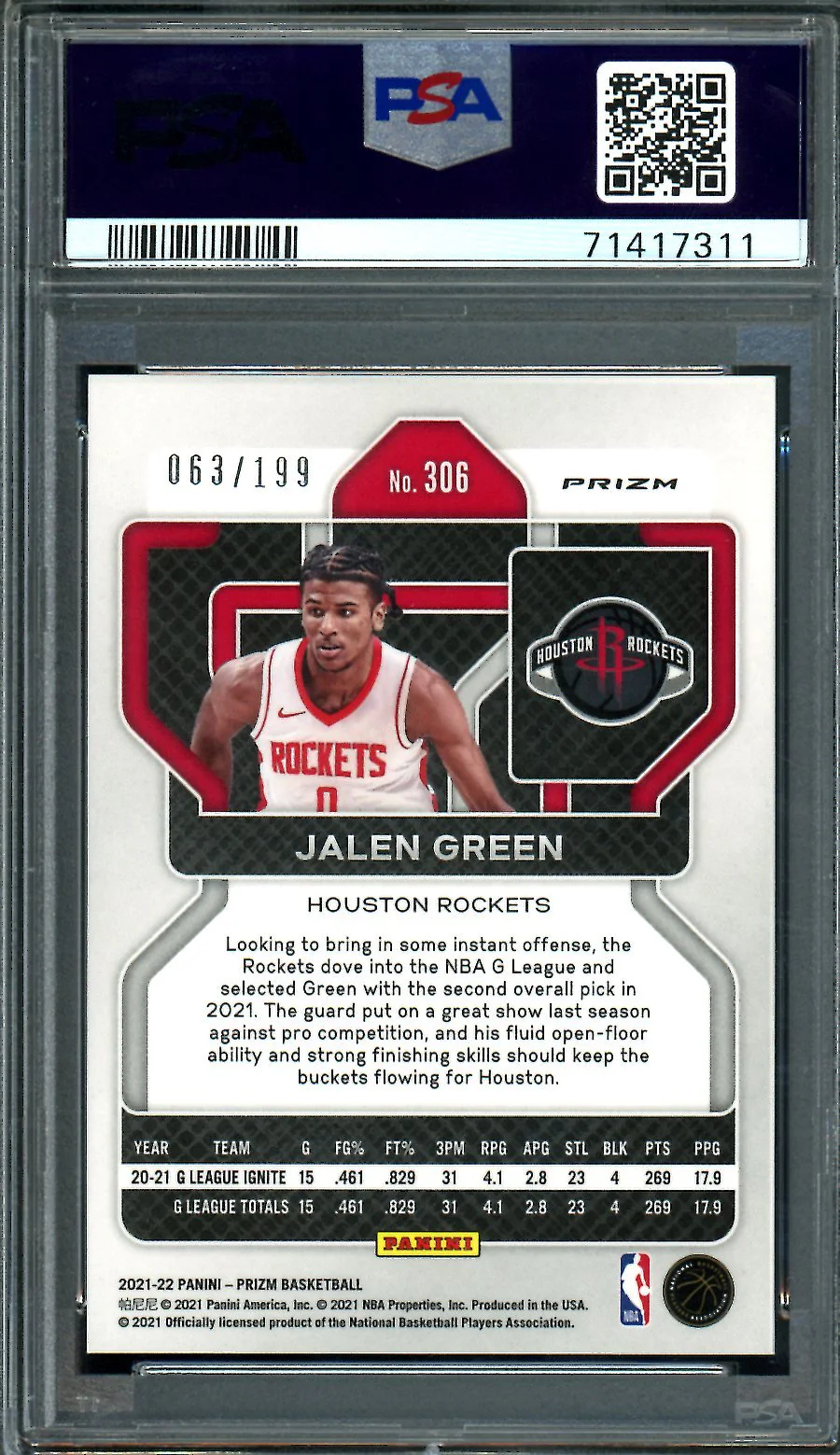 2021/22 Panini Prizm Jalen Green Rookie Blue Prizm /199 PSA 10 Rockets - Image 2
