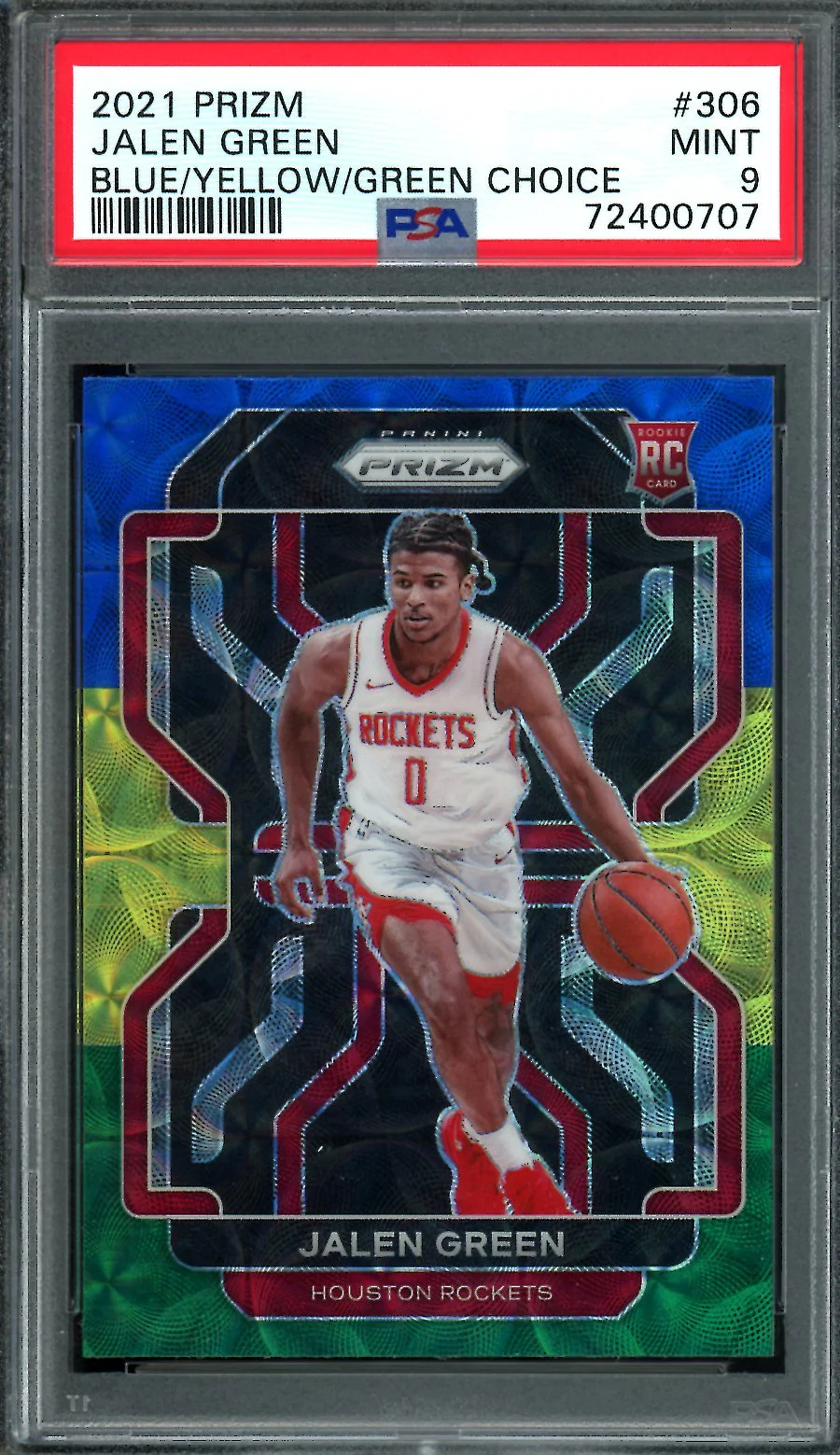 2021/22 Panini Prizm Jalen Green Rookie Blue/Yellow/Green Choice Rockets PSA 9