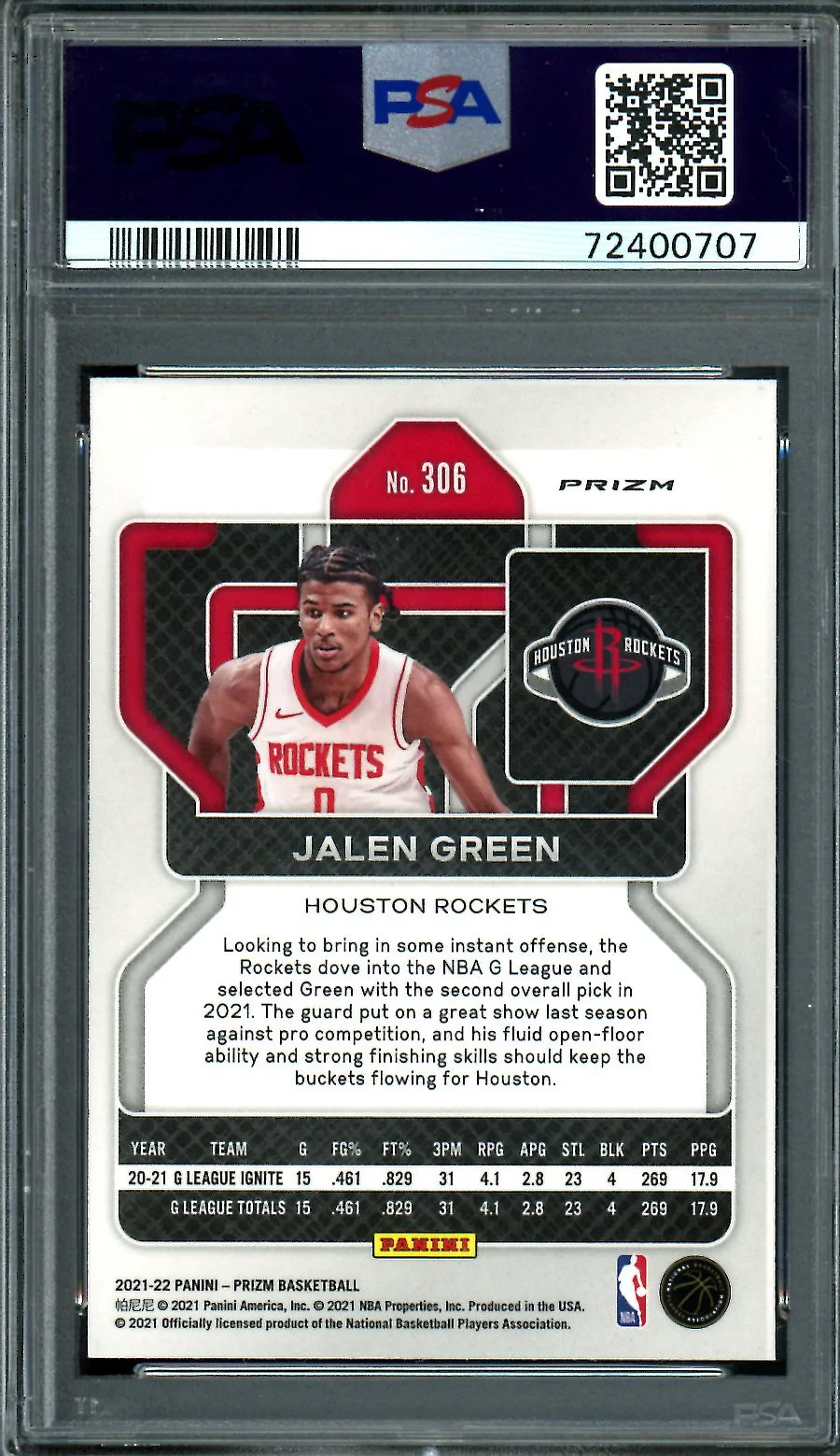 2021/22 Panini Prizm Jalen Green Rookie Blue/Yellow/Green Choice Rockets PSA 9 - Image 2