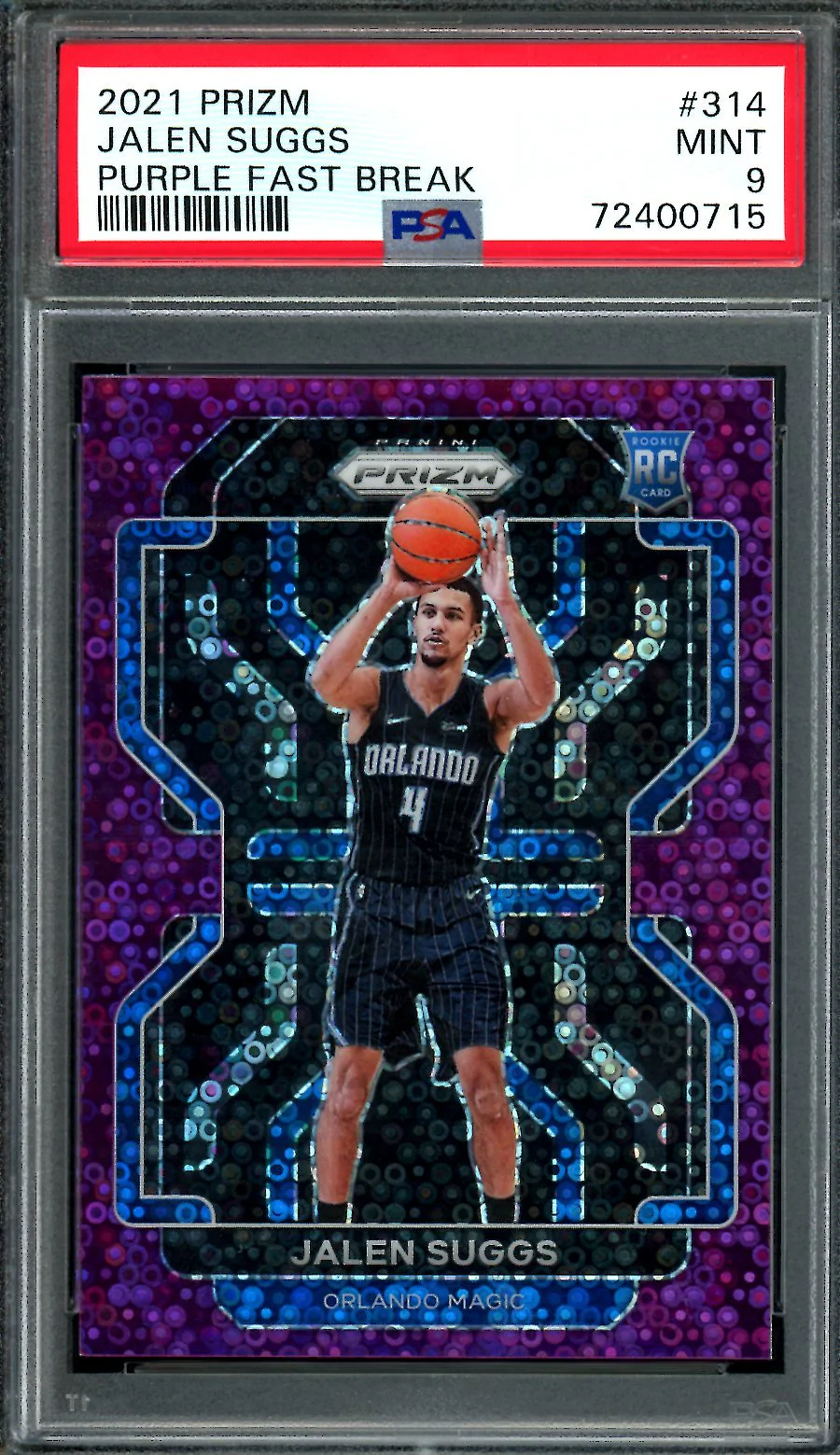 2021/22 Panini Prizm Jalen Suggs Rookie Fast Break Purple /75 Magic PSA 9