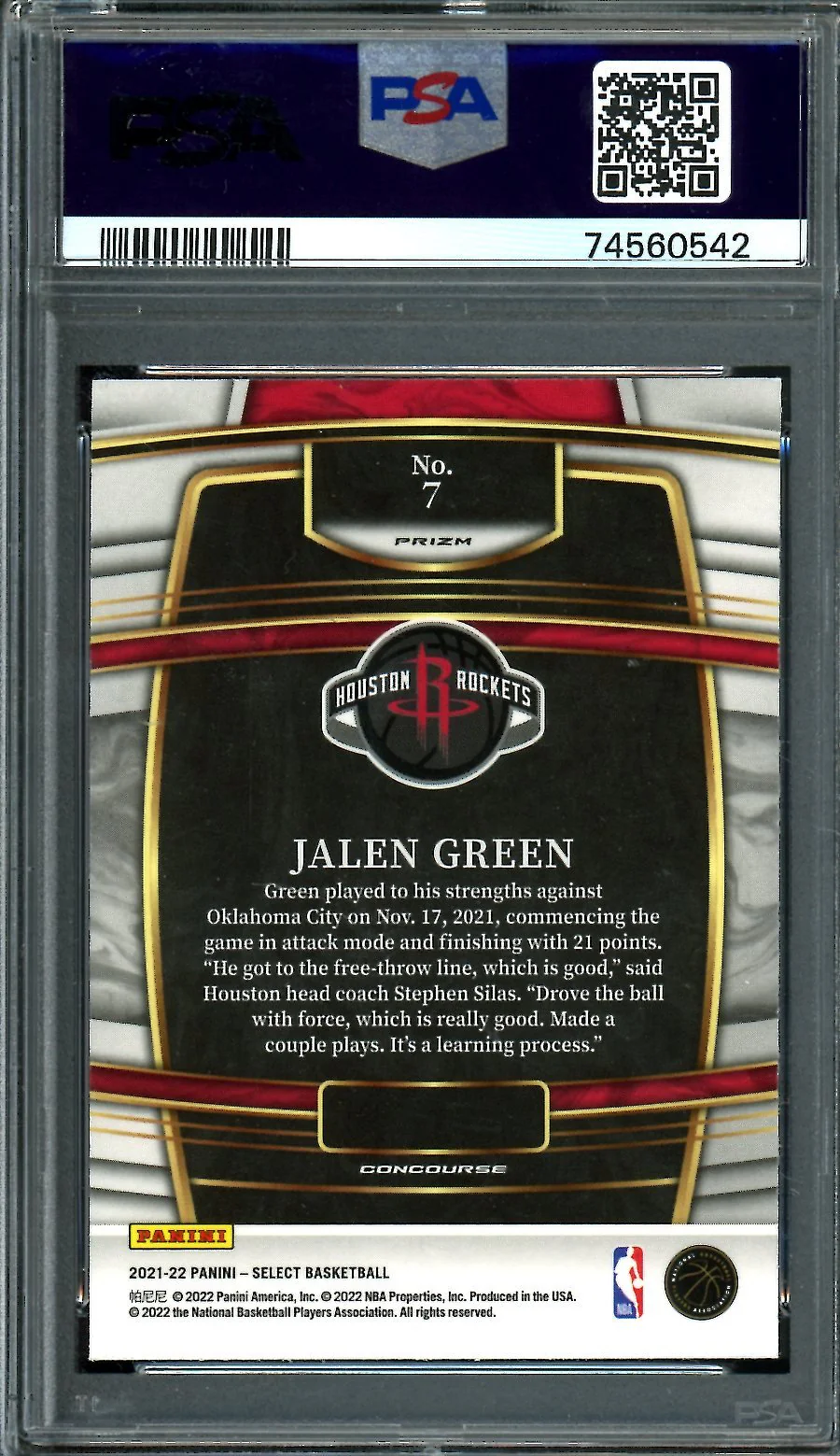 2021/22 Panini Select Jalen Green Rookie Orange Flash PSA 10 Rockets - Image 2