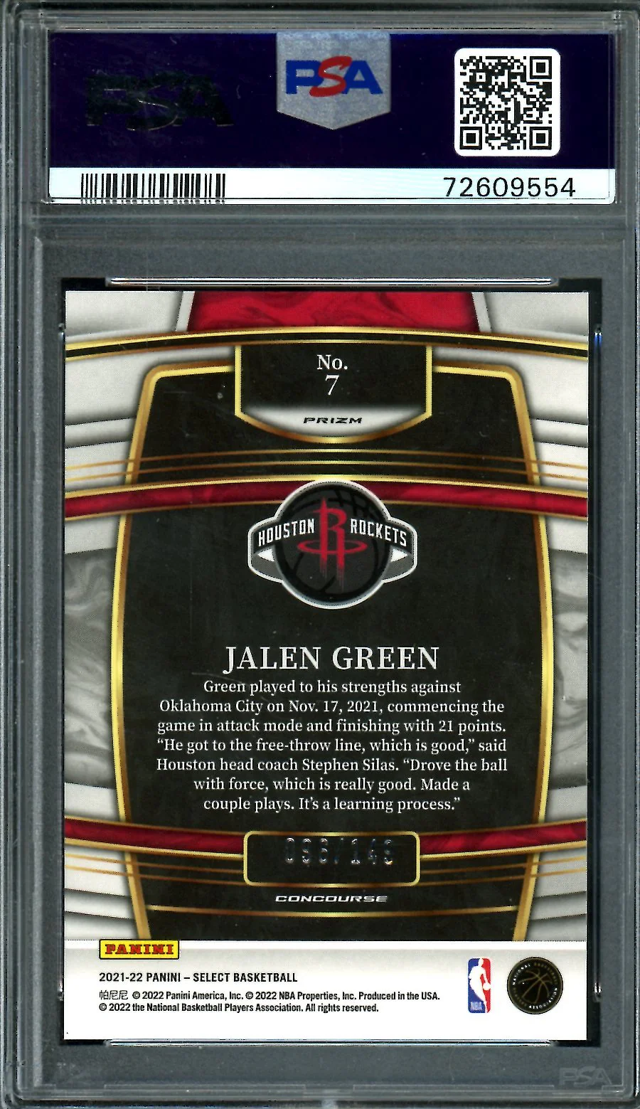 2021-22 Panini Select Jalen Green Rookie White Prizm /149 PSA 9 Rockets - Image 2