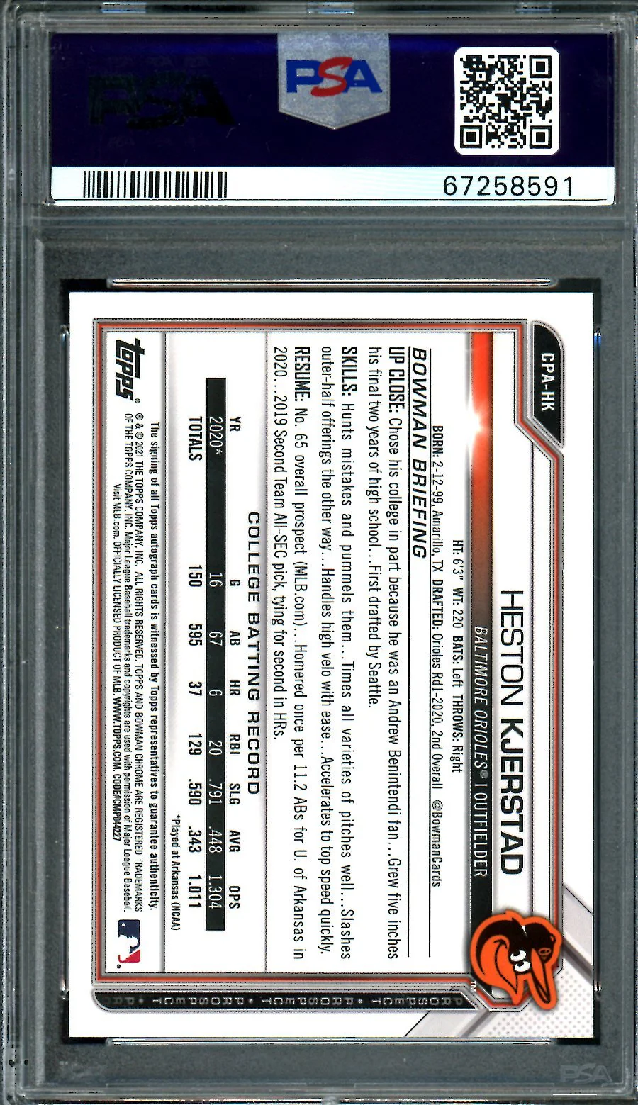 2021 Bowman Heston Kjerstad Gold Shimmer Auto /50 PSA 9 Orioles - Image 2