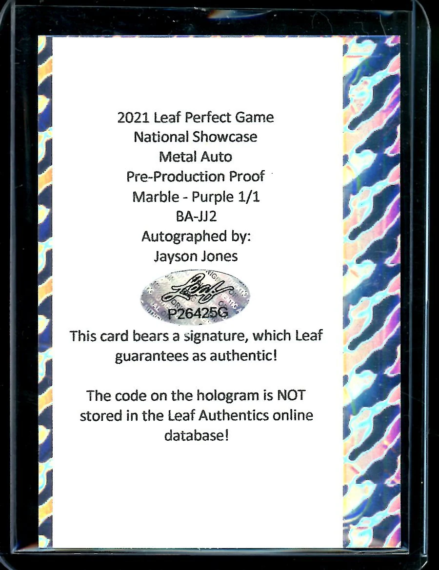 2021 Leaf Perfect Game Jayson Jones Auto Proof 1/1 - Image 2