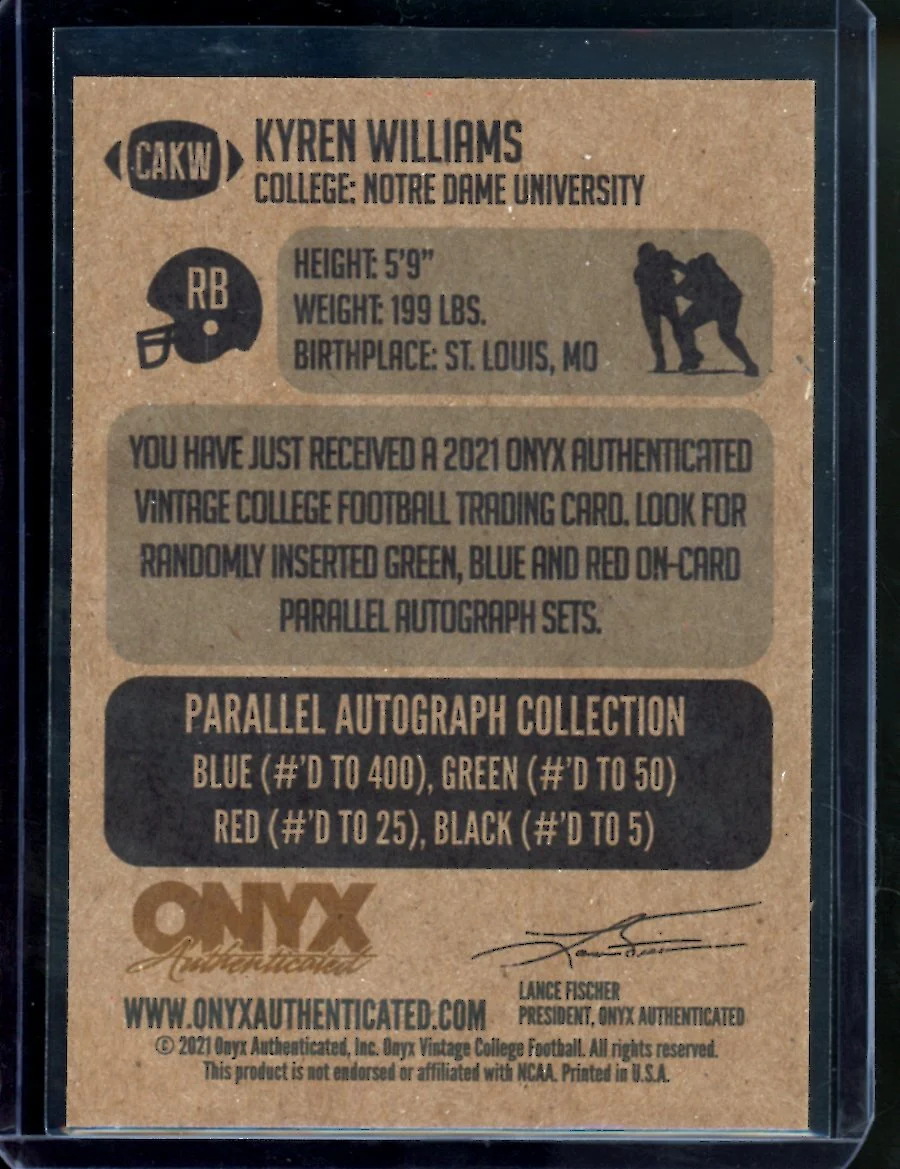 2021 Onyx Vintage Kyren Williams Blue Auto Notre Dame - Image 2