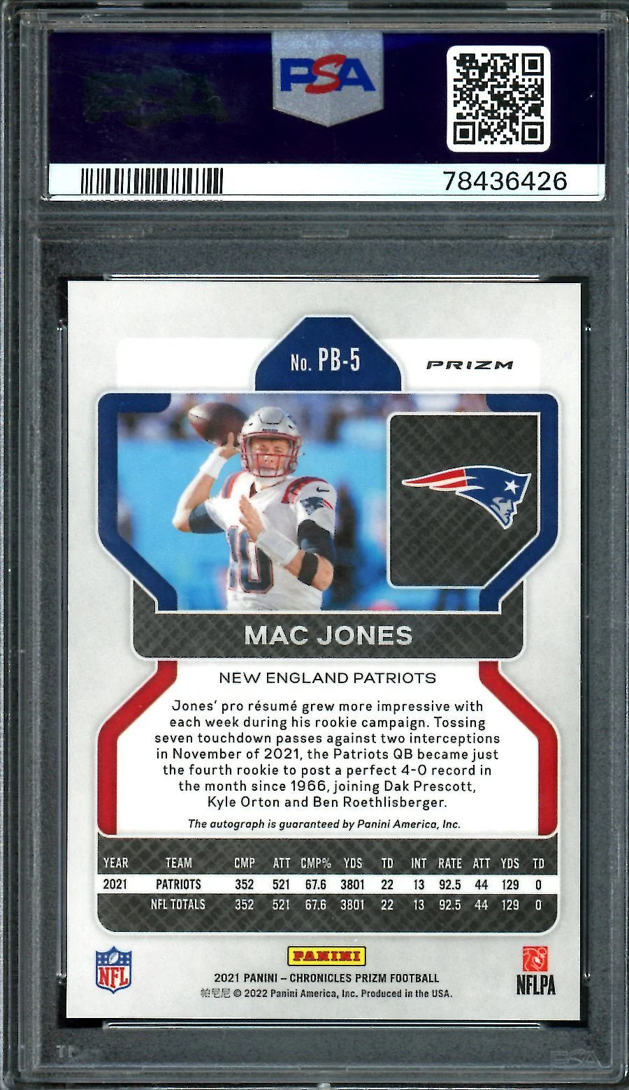 2021 Panini Chronicles Prizm Black Mac Jones Rookie Auto PSA 10 Patriots - Image 2