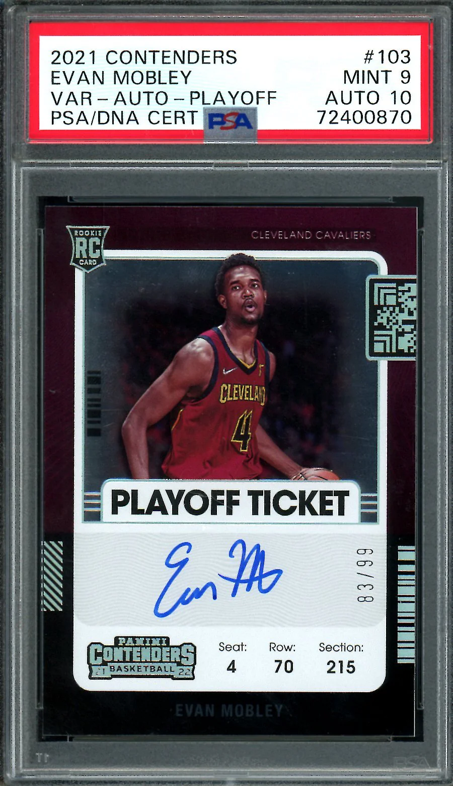 2021/22 Panini Contenders Evan Mobley Rookie Playoff Ticket Auto /99 PSA 9 10 Auto Cavaliers