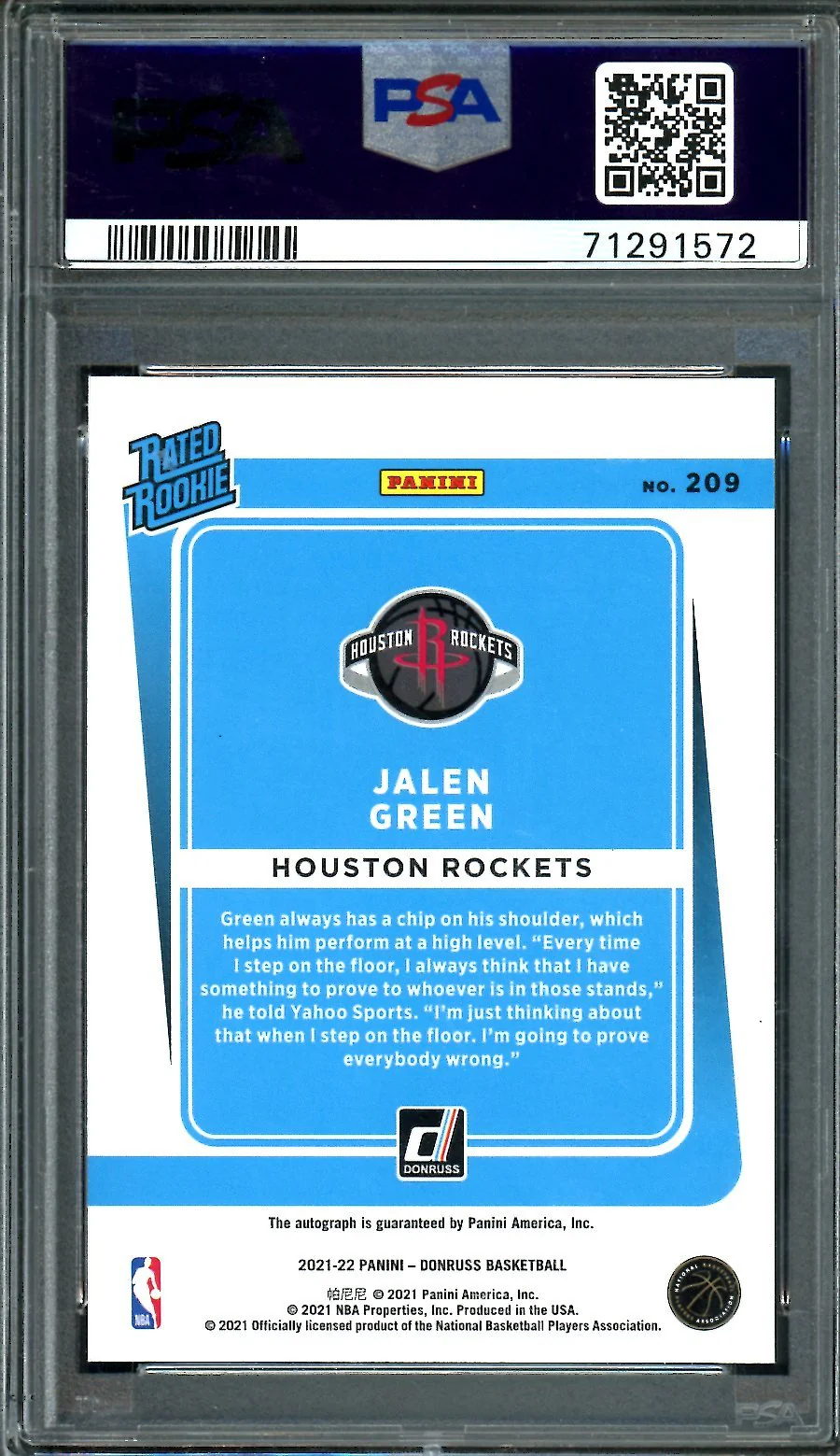 2021/22 Panini Donruss Jalen Green Rookie Auto Choice PSA 9/10 Rockets - Image 2