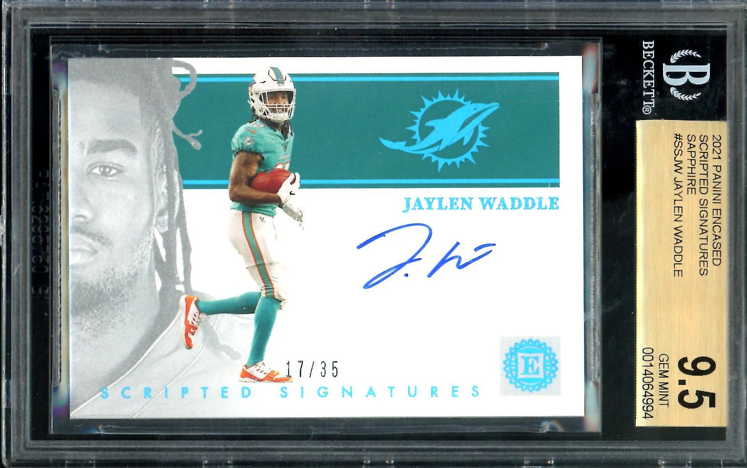 2021 Panini Encased Jaylen Waddle Rookie Auto Sapphire /35 BGS 9.5 Dolphins