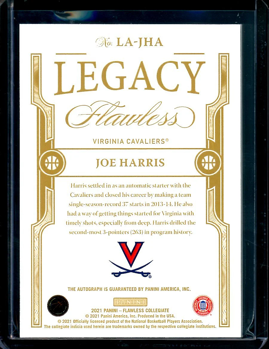 2021 Panini Flawless Collegiate Joe Harris Legacy Autographs Gold /10 Virginia - Image 2
