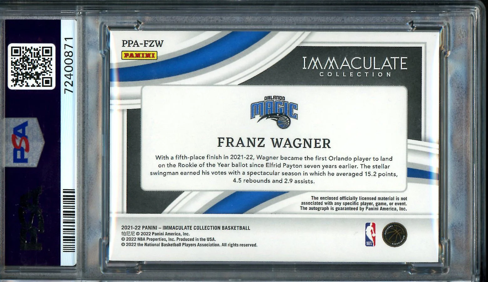 2021/22 Panini Immaculate Franz Wagner Rookie RPA Red /25 PSA 8 10 Auto Magic - Image 2