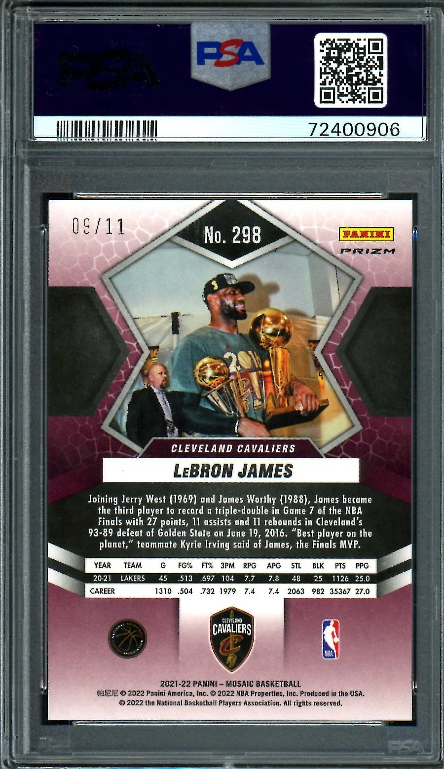 2021/22 Panini Mosaic LeBron James Finals MVP Pink Swirl /11 PSA 9 Lakers - Image 2