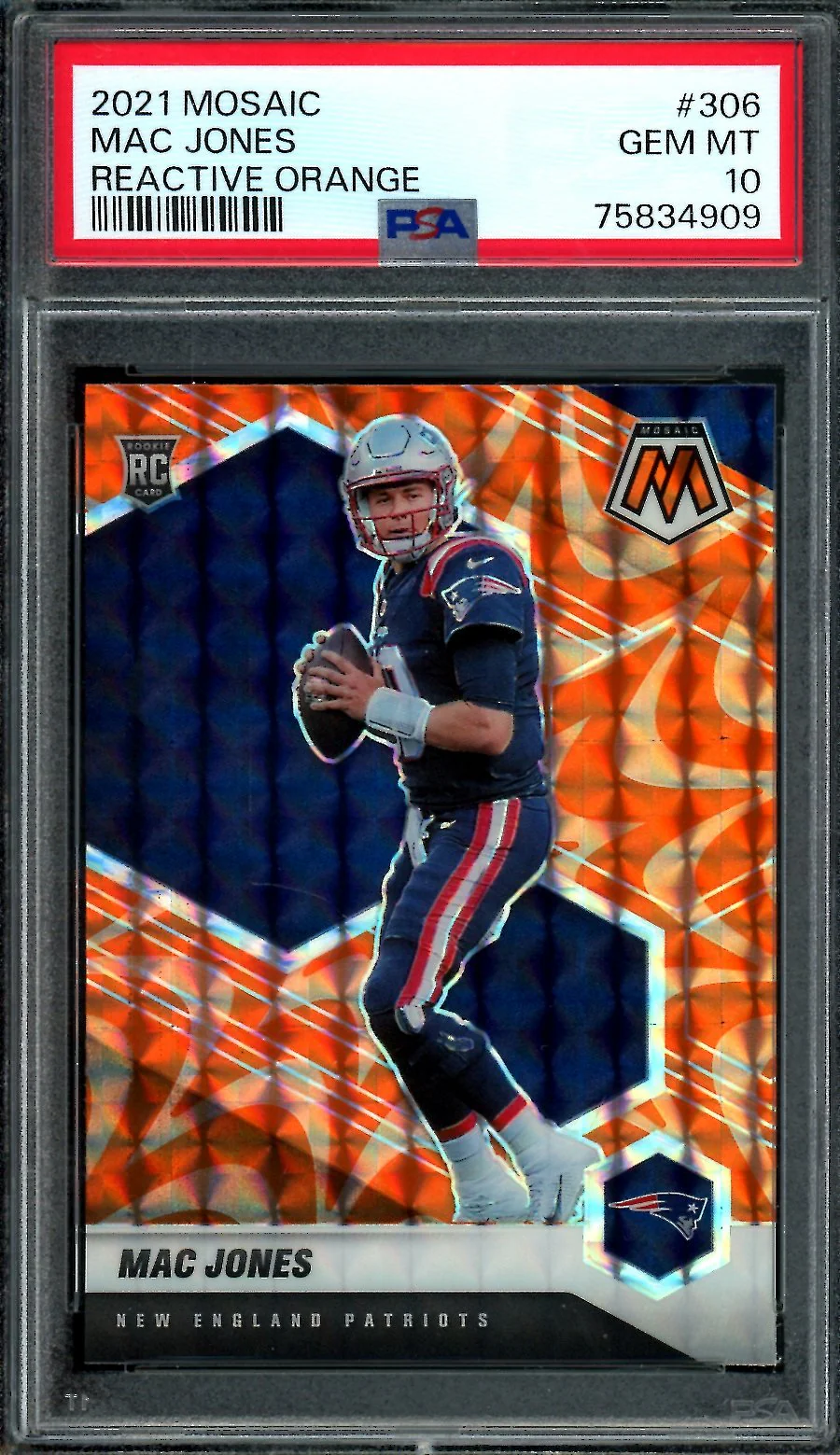 2021 Panini Mosaic Mac Jones Rookie Orange Reactive PSA 10 Patriots