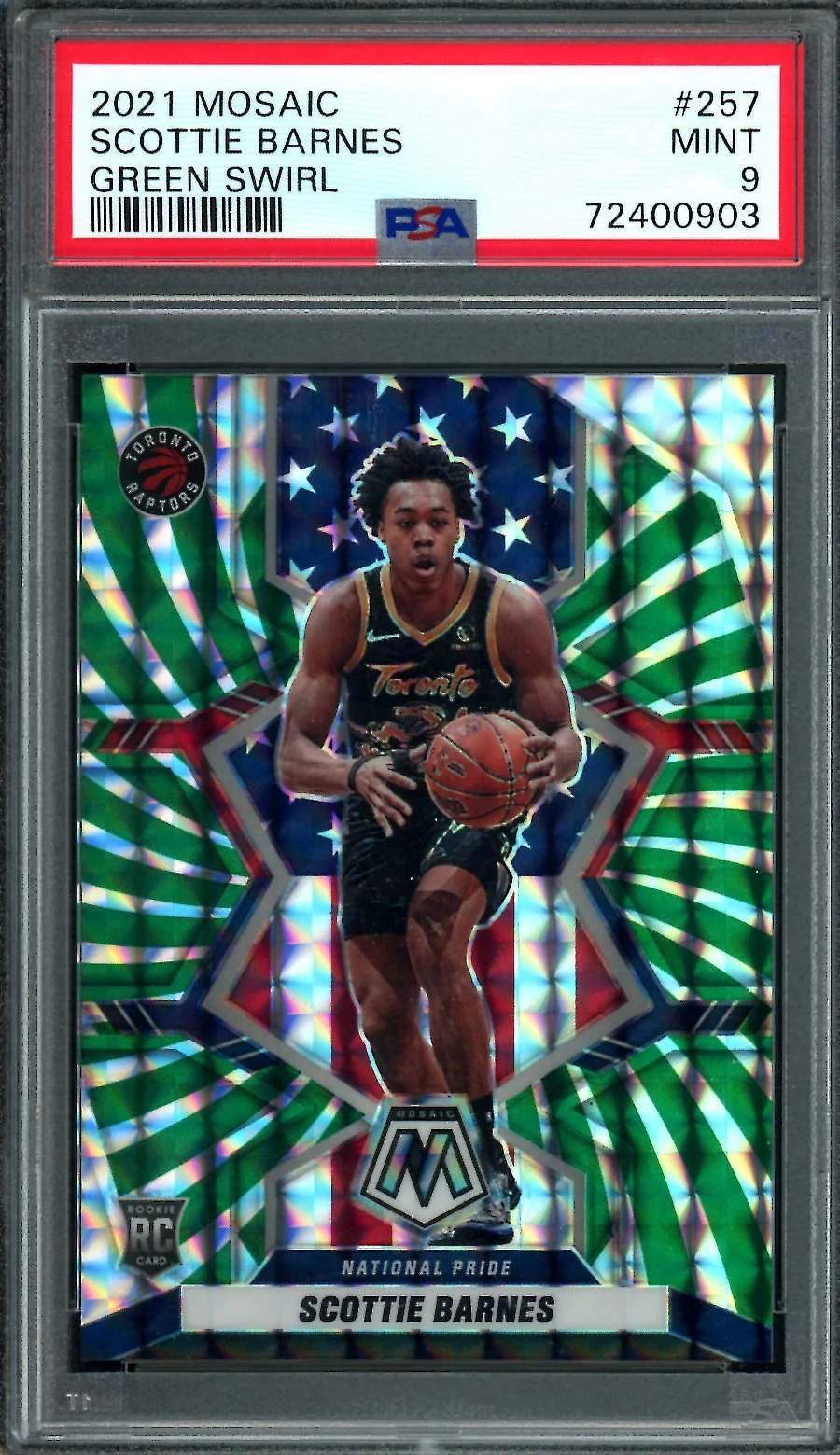 2021/22 Panini Mosaic Scottie Barnes Rookie National Pride Green Swirl /10 PSA 9 Raptors