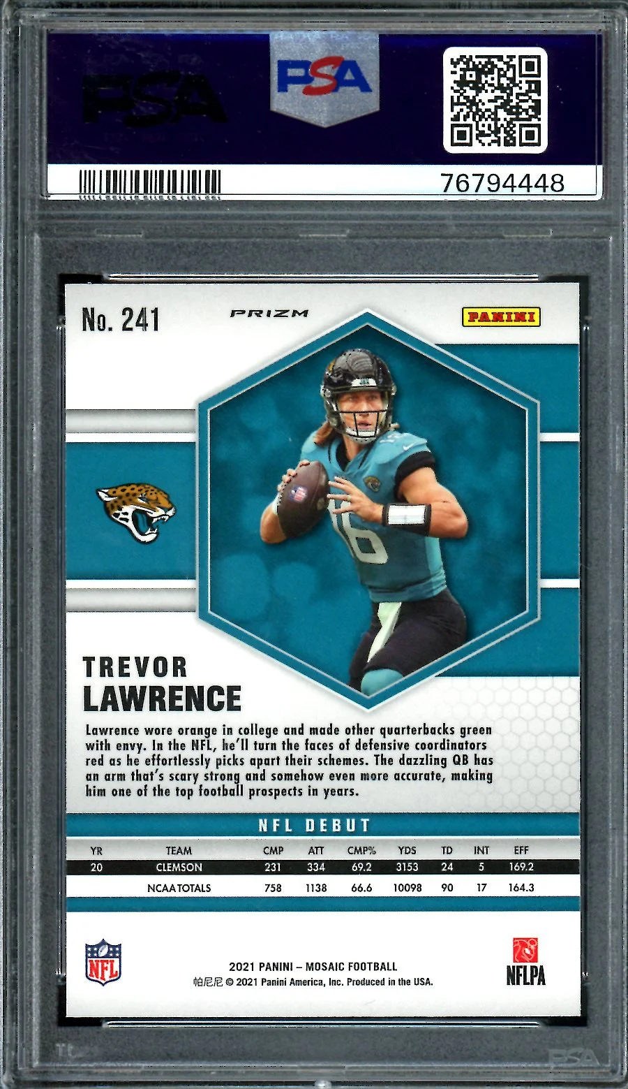 2021 Panini Mosaic Trevor Lawrence Rookie Debut Orange Reactive PSA 10 Jaguars - Image 2