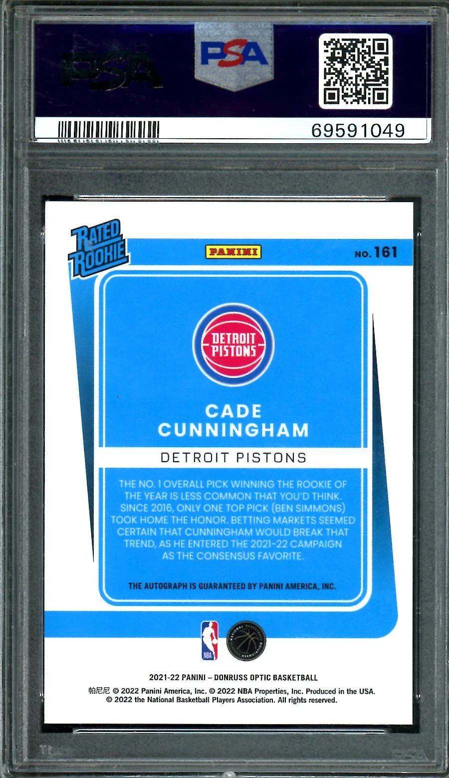 2021/22 Panini Optic Cade Cunningham Rookie Auto PSA 9 Pistons - Image 2
