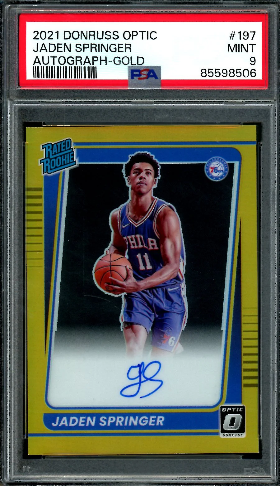 2021 Panini Optic Jaden Springer Rookie Auto Gold /10 PSA 9 76ers
