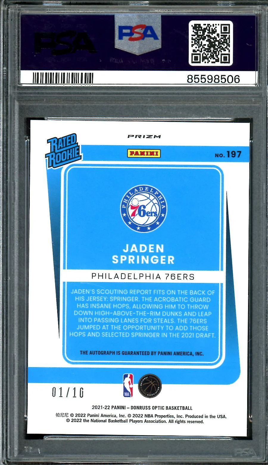 2021 Panini Optic Jaden Springer Rookie Auto Gold /10 PSA 9 76ers - Image 2