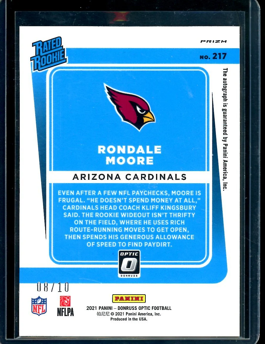 2021 Panini Optic Rondale Moore Rookie Auto Gold /10 Cardinals - Image 2