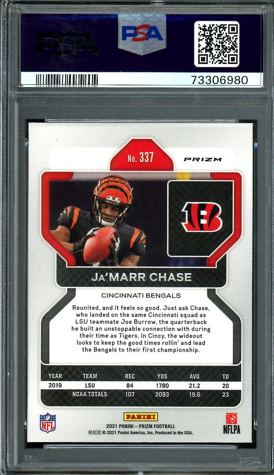 2021 Panini Prizm Ja'Marr Chase Rookie Light Blue PSA 10 Bengals - Image 2