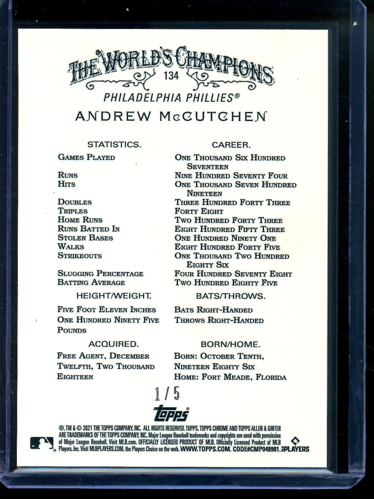 2021 Topps Allen and Ginter Chrome Andrew McCutchen Red Refractor /5 Phillies - Image 2