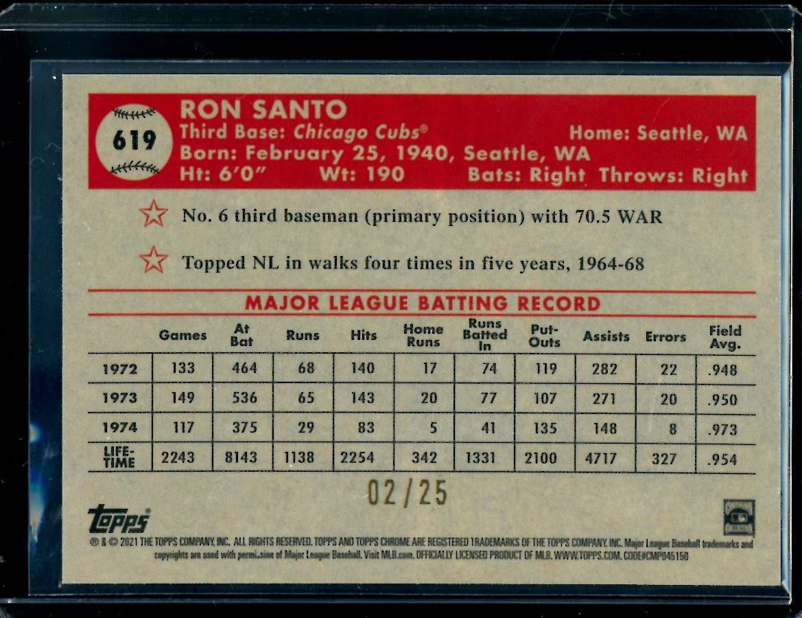 2021 Topps Chrome Platinum Anniversary Ron Santo /25 Cubs - Image 2