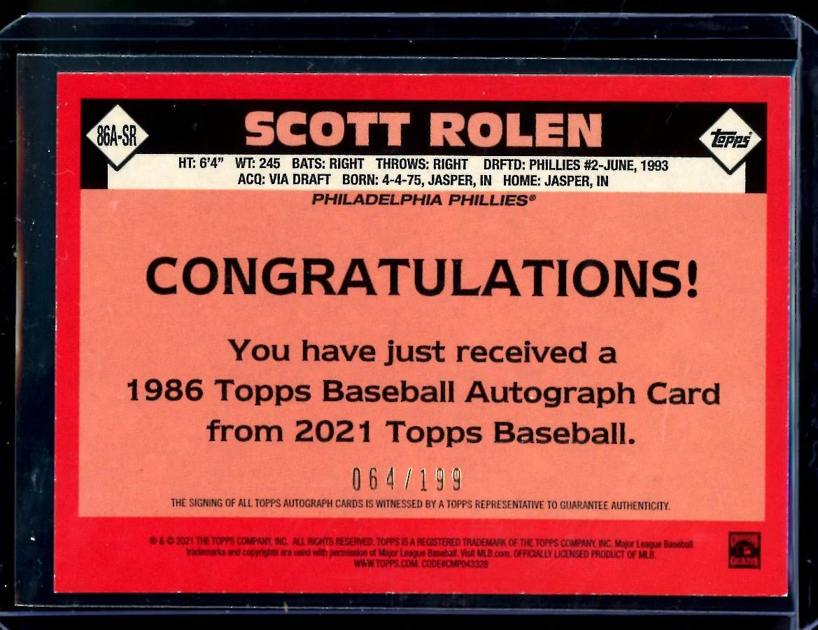 2021 Topps Scott Rolen 1986 Topps Auto /199 Phillies - Image 2