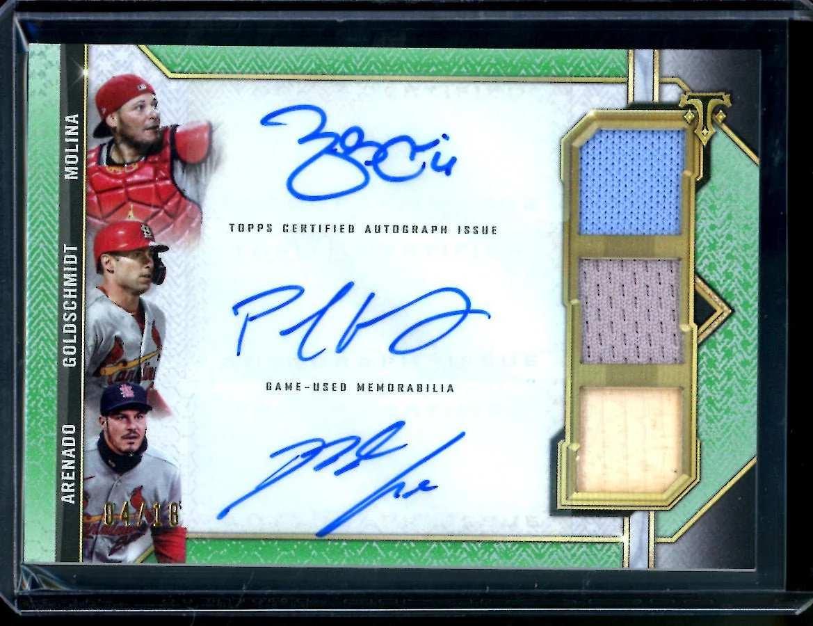 2021 Topps Triple Threads Yadier Molina/Paul Goldschmidt/Nolan Arenado Triple Patch Auto /18 Cardinals