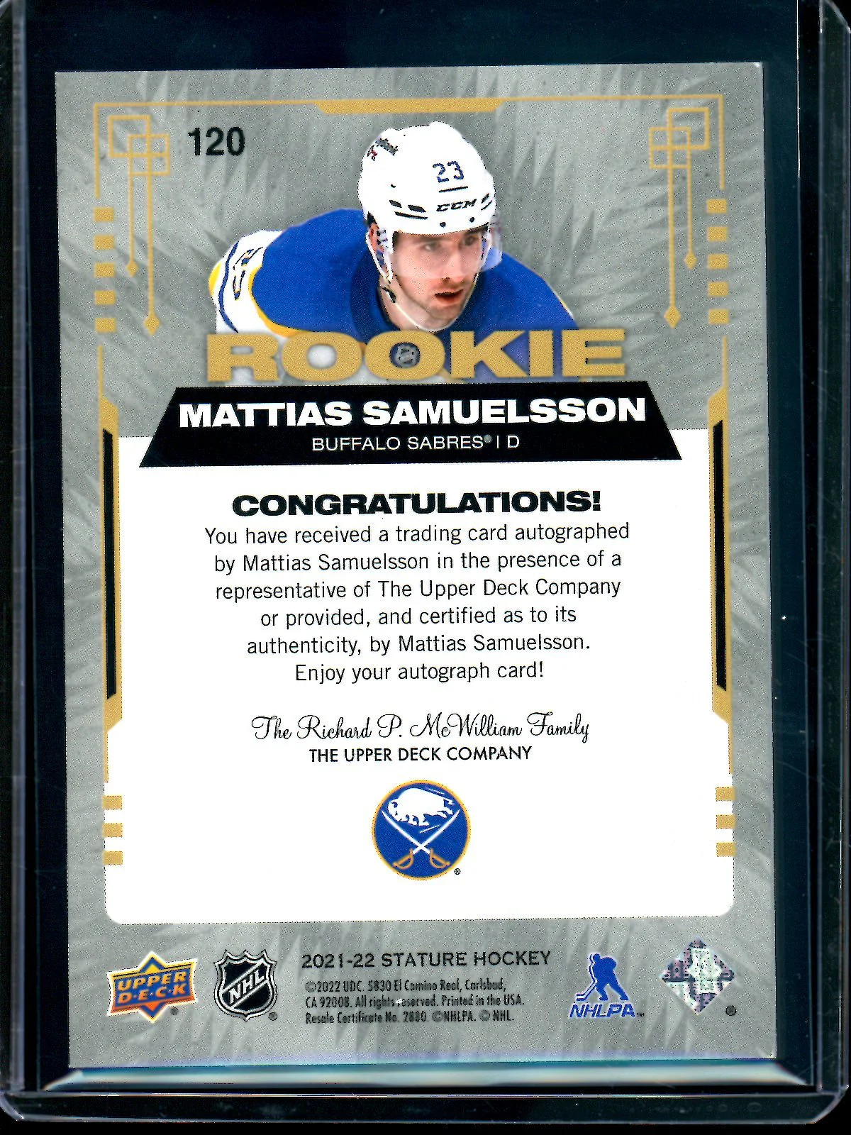 2021 Upper Deck Stature Mattias Samuelsson Green Rookie Autograph /50 Sabres - Image 2