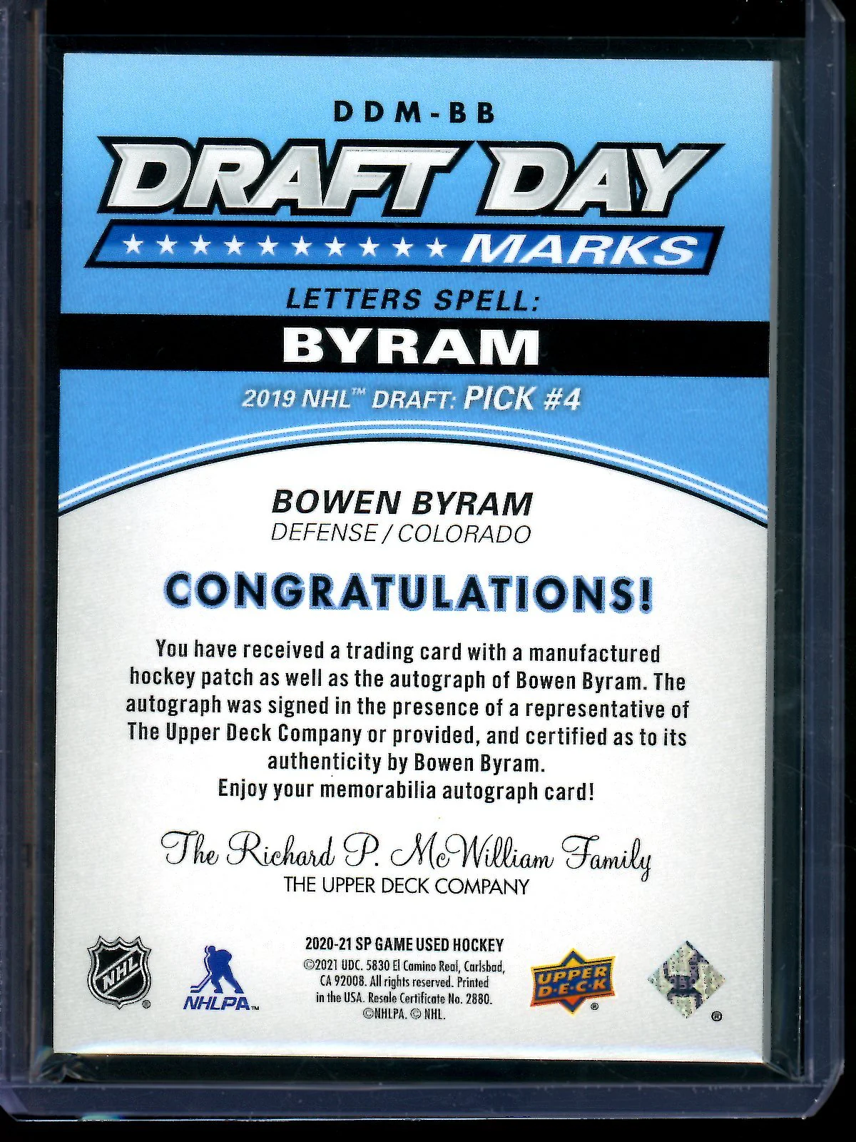 2021 Upper Deck Upper Deck Bowen Byram Draft Day Marks Autograph Patch /35 Colorado - Image 2
