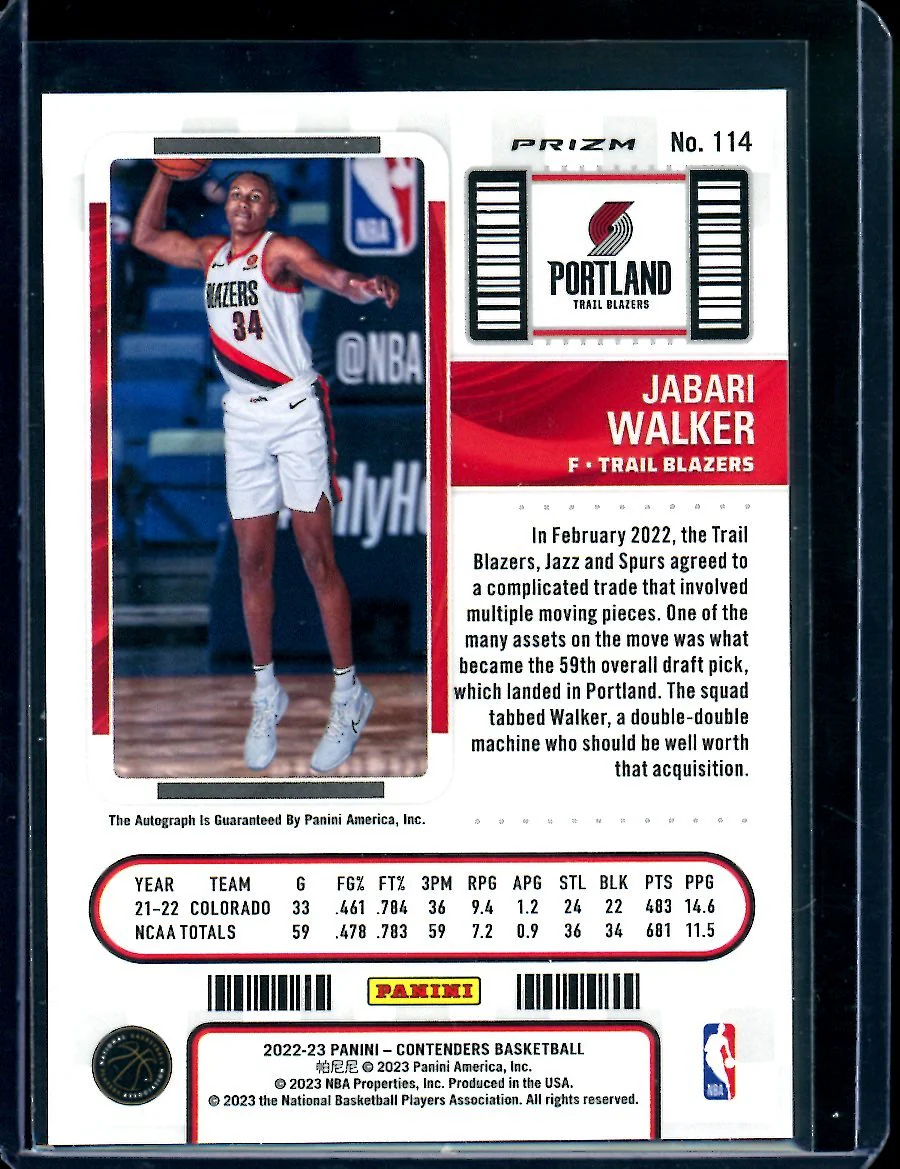 2022/23 Panini Contenders Jabari Walker Rookie Ticket Chrome Variation Auto Trailblazers - Image 2