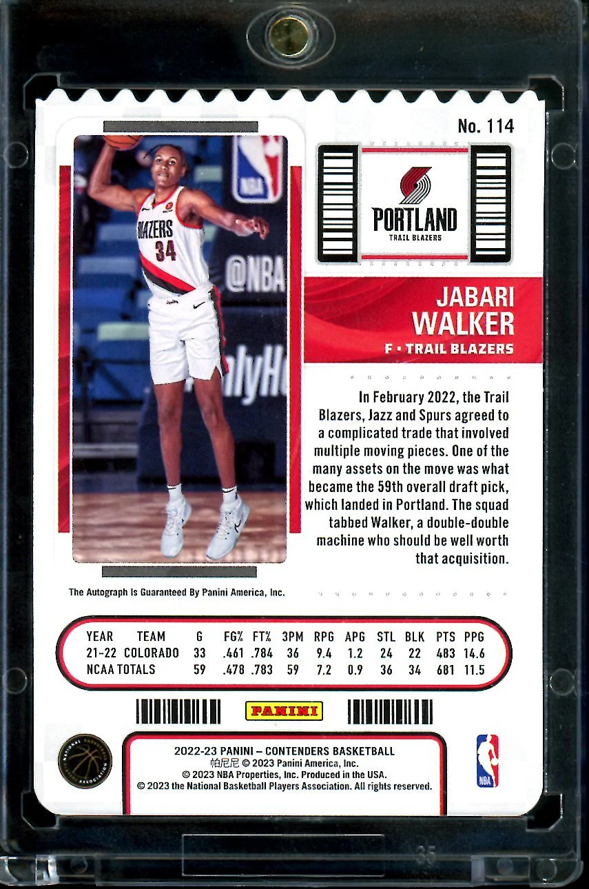 2022/23 Panini Contenders Jabari Walker Rookie Ticket Stub Auto /34 Trailblazers - Image 2
