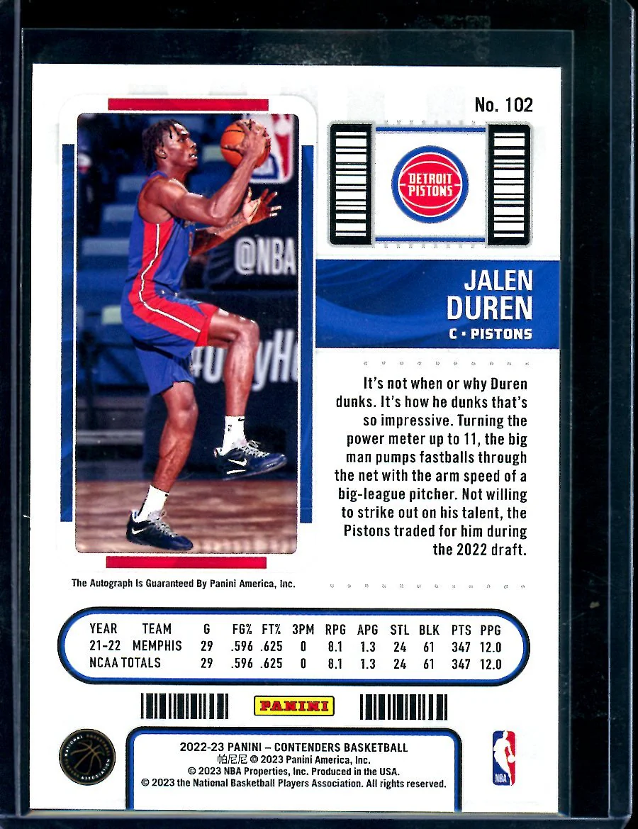 2022/23 Panini Contenders Jalen Duren Rookie Playoff Ticket Auto /99 Pistons - Image 2