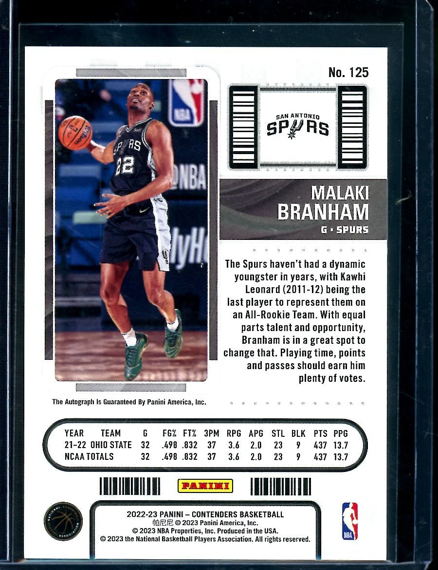 2022-23 Panini Contenders Malaki Branham Rookie Ticket Auto /99 Spurs - Image 2