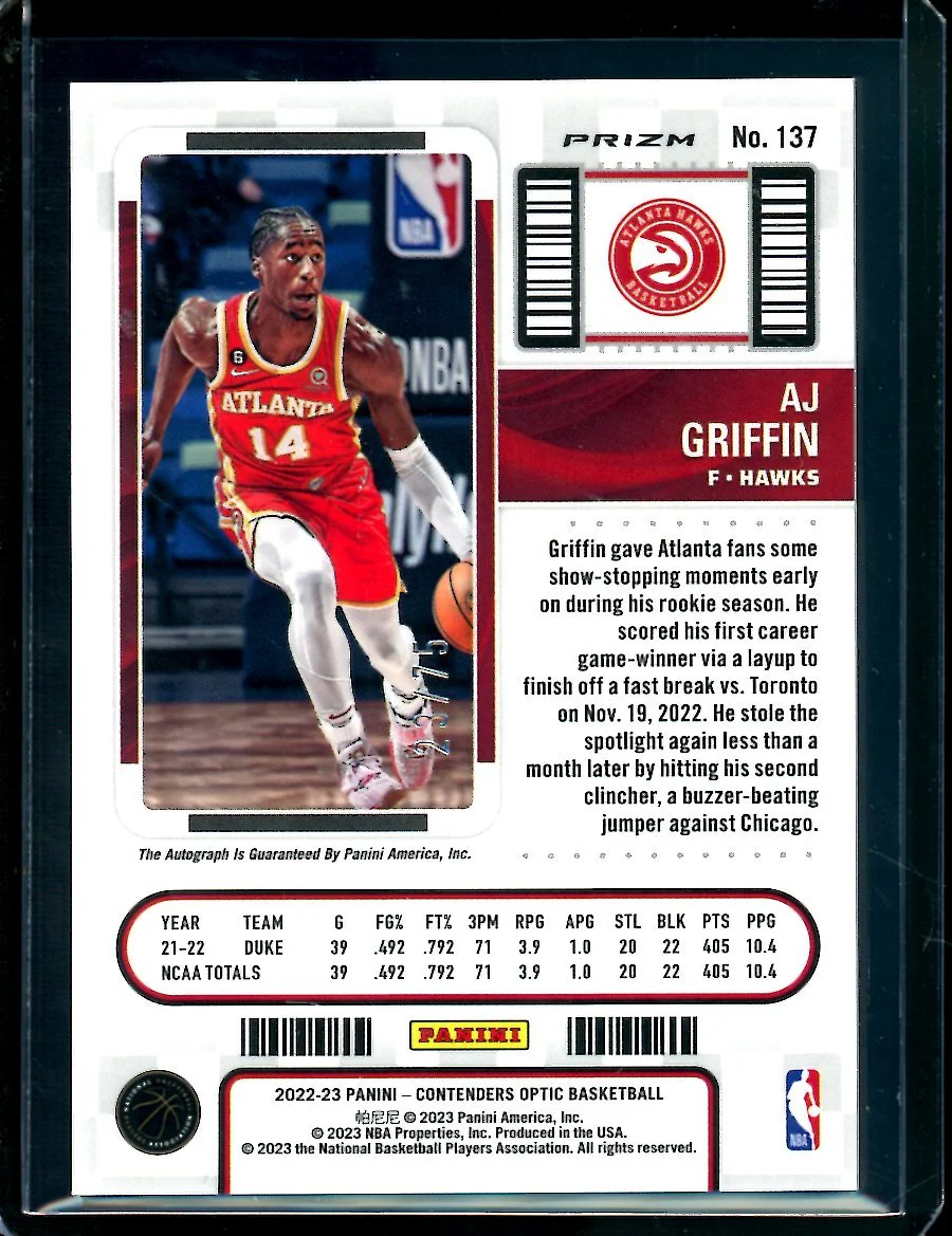 2022-23 Panini Contenders Optic AJ Griffin Rookie Ticket Auto Green /75 - Image 2