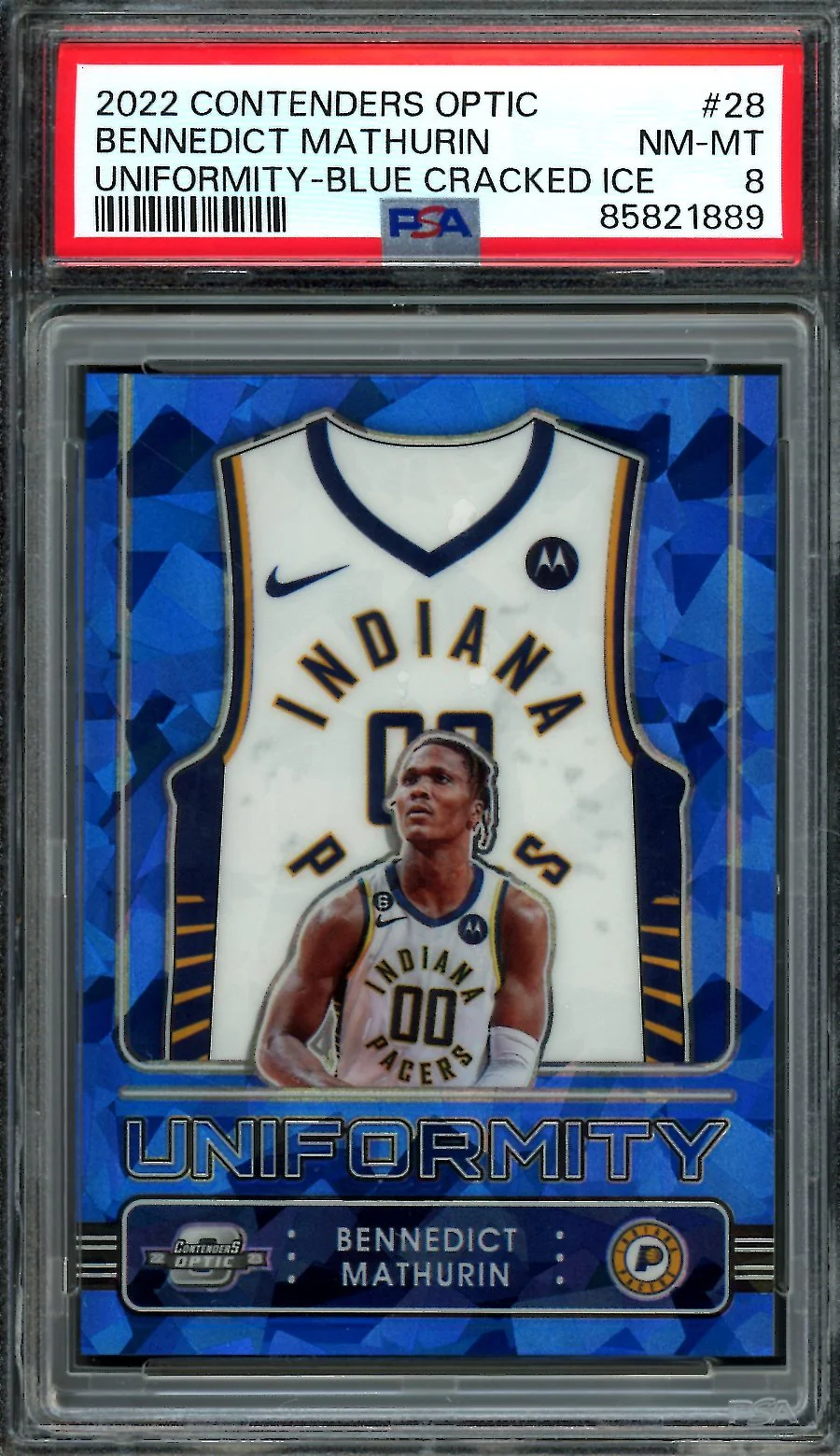 2022/23 Panini Contenders Optic Bennedict Mathurin Rookie Uniformity Blue Cracked Ice /75 PSA 8