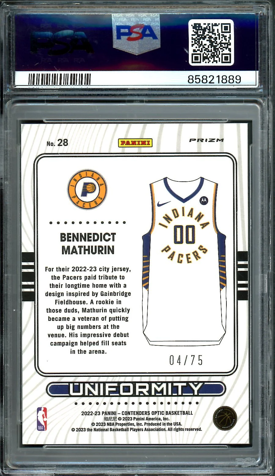 2022/23 Panini Contenders Optic Bennedict Mathurin Rookie Uniformity Blue Cracked Ice /75 PSA 8 - Image 2