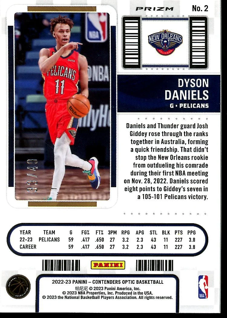 2022-23 Panini Contenders Optic Dyson Daniels Rookie Ticket Orange /49 Pelicans - Image 2