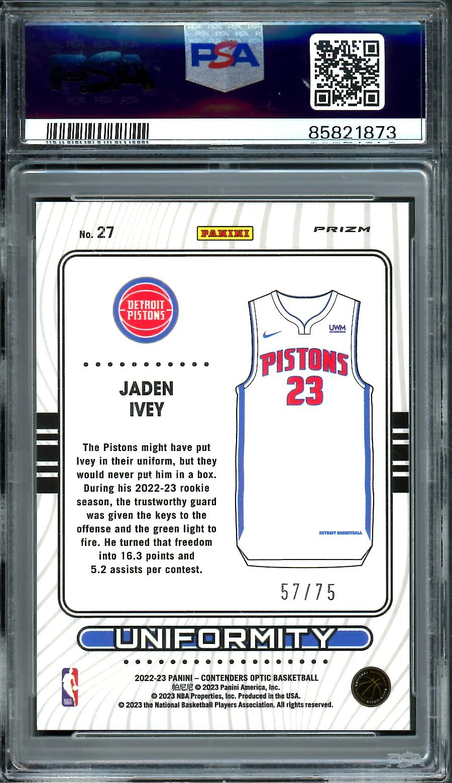2022/23 Panini Contenders Optic Jaden Ivey Rookie Uniformity Blue Cracked Ice /75 PSA 8 Pistons - Image 2