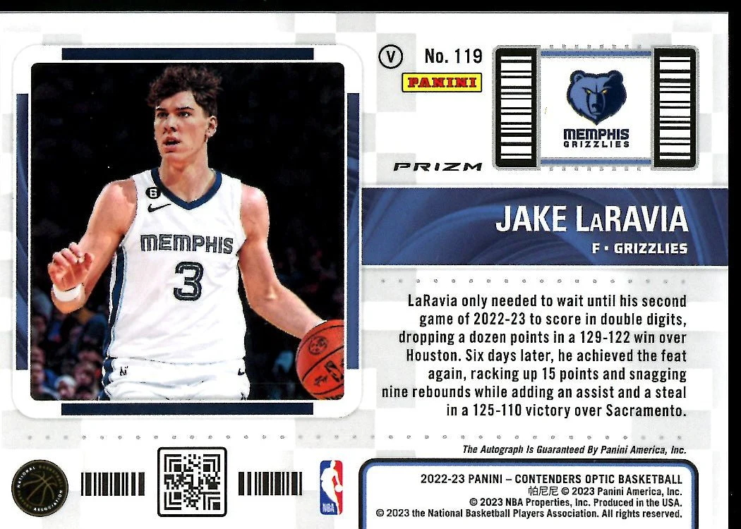 2022-23 Panini Contenders Optic Jake LaRavia Rookie Tictet Variation Auto Grizzlies - Image 2