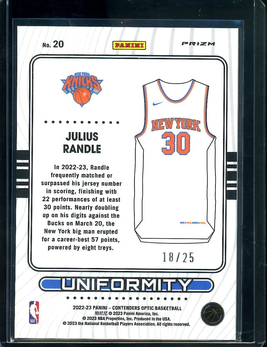 2022-23 Panini Contenders Optic Julius Randle Uniformity Green Pulsar /25 Kincks - Image 2