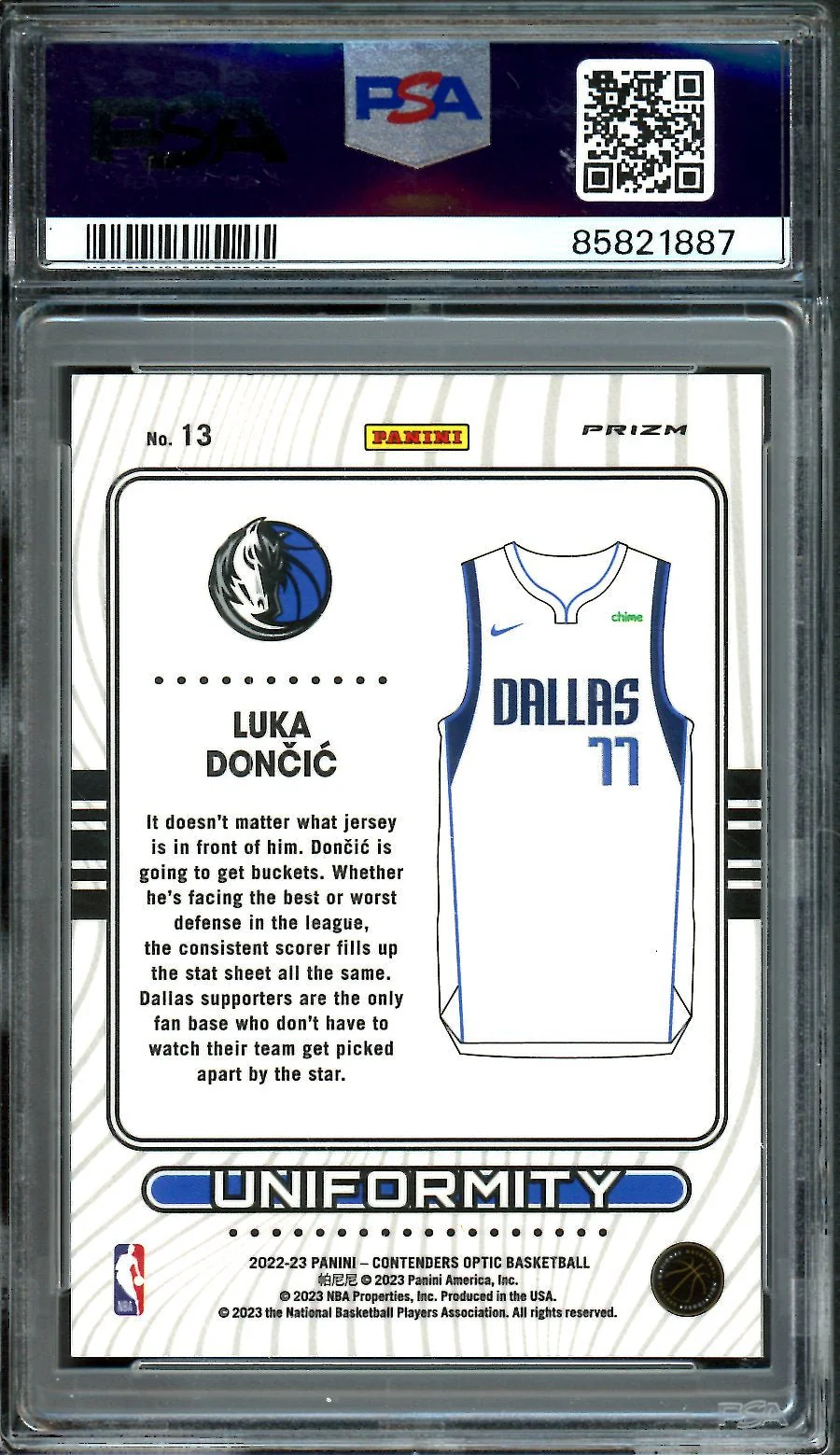2022/23 Panini Contenders Optic Luka Doncic Uniformity Red Ice PSA 10 Mavericks - Image 2
