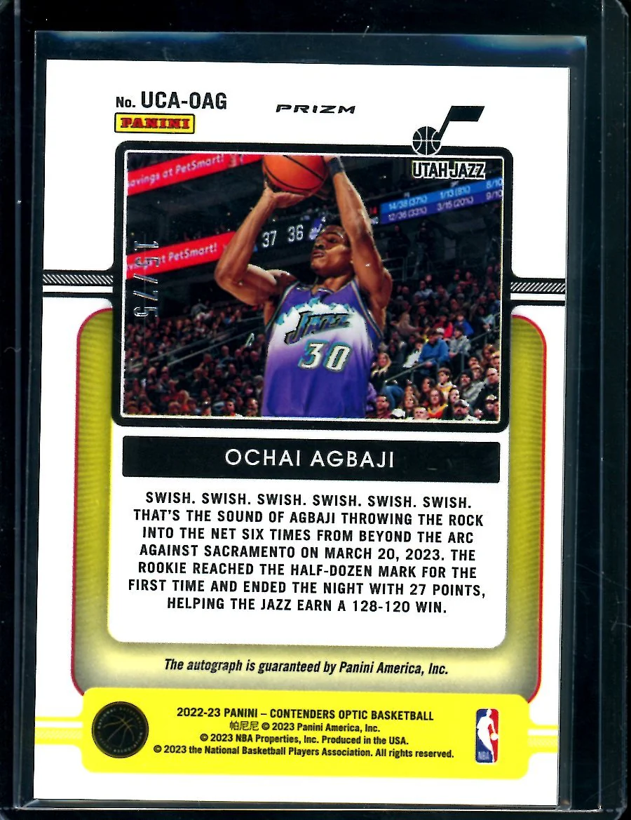 2022-23 Panini Contenders Optic Ochai Agbaji Rookie Up & Coming Auto Blue /75 Jazz - Image 2