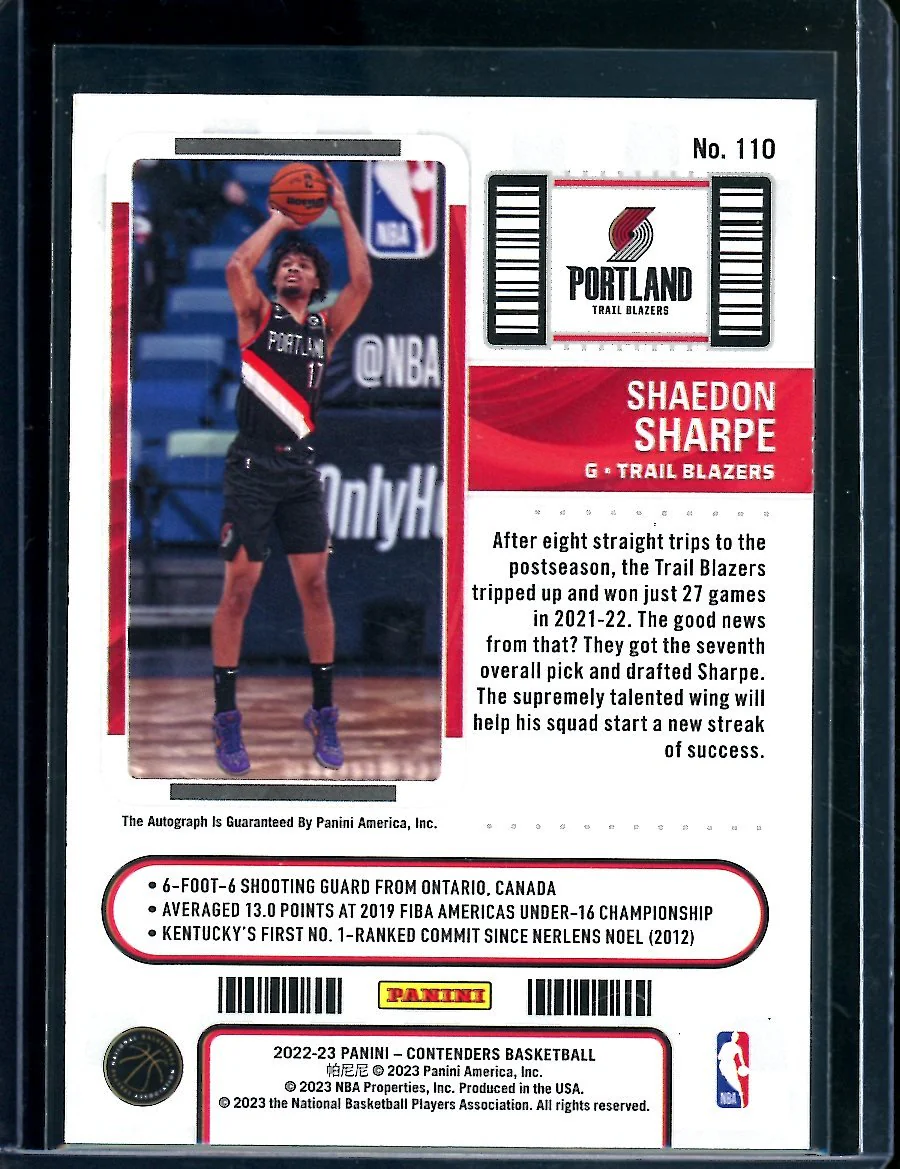 2022/23 Panini Contenders Shaedon Sharpe Rookie Ticket Auto Trailblazers - Image 2