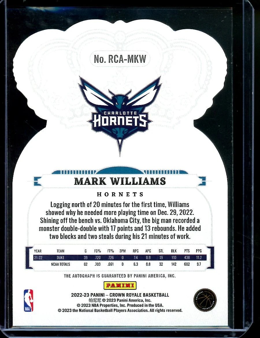 2022/23 Panini Crown Royale Mark Williams Rookie Auto Pink /49 Hornets - Image 2